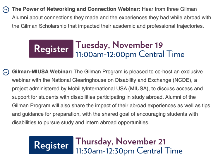 McCullochCenter's tweet photo. Gilman Scholarship Program is hosting two webinars: The Power of Networking and Connection, Tues, Nov. 19, 2019, 11:00 am CT and  the Gilman-MIUSA Webinar, Thurs, Nov,, 2019, 11:30 am CT.  Register here: https://t.co/TiLCoRVNpQ #IEW2019 https://t.co/HY8NMHuLZ4