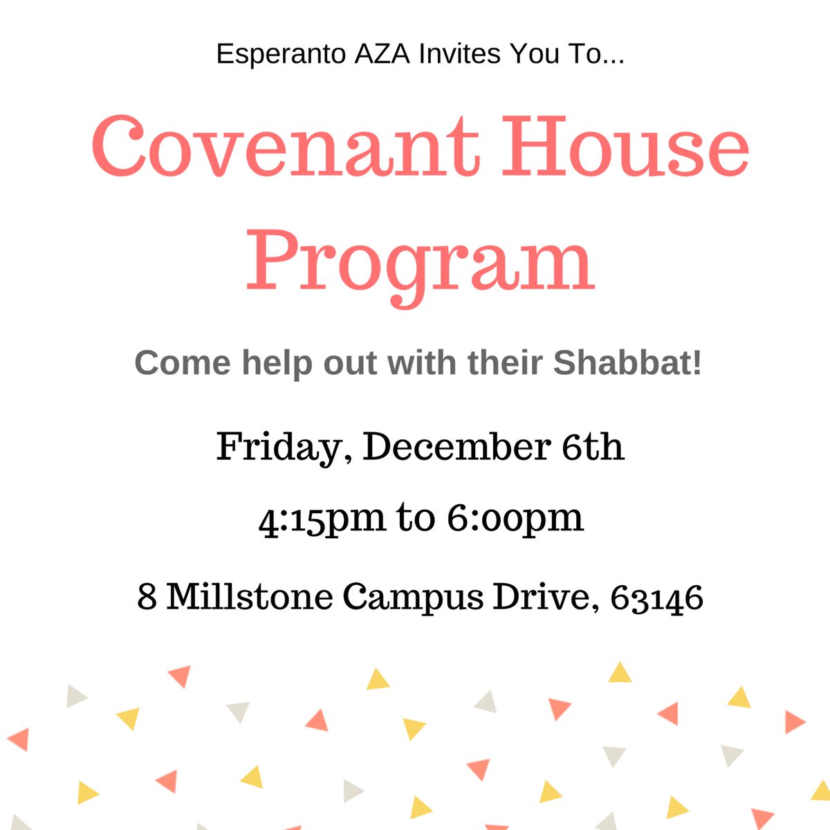 Coming up soon, we’re having our Covenant House Program! We will be helping out the fine folks of Covenant House with their Shabbat. We’d love to see you there!