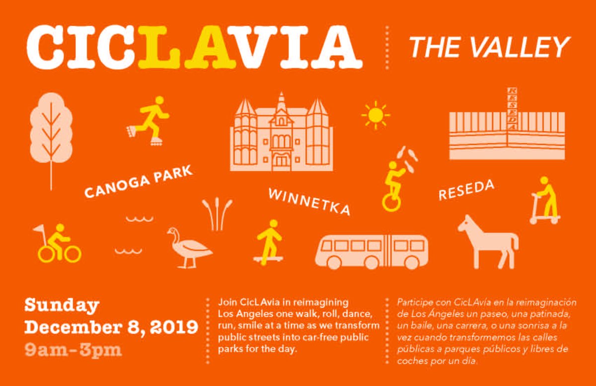 BobBlumenfield's tweet photo. I am excited to announce that CicLAvia is coming to the West Valley for the first time on Sunday, Dec 8! From 9am-3pm, Sherman Way between Shoup and Lindley will be open to people on foot, bikes, scooters, skateboards, and rollerblades. Learn more at https://t.co/xngJSUK6Cp https://t.co/t8Z63zwkBL