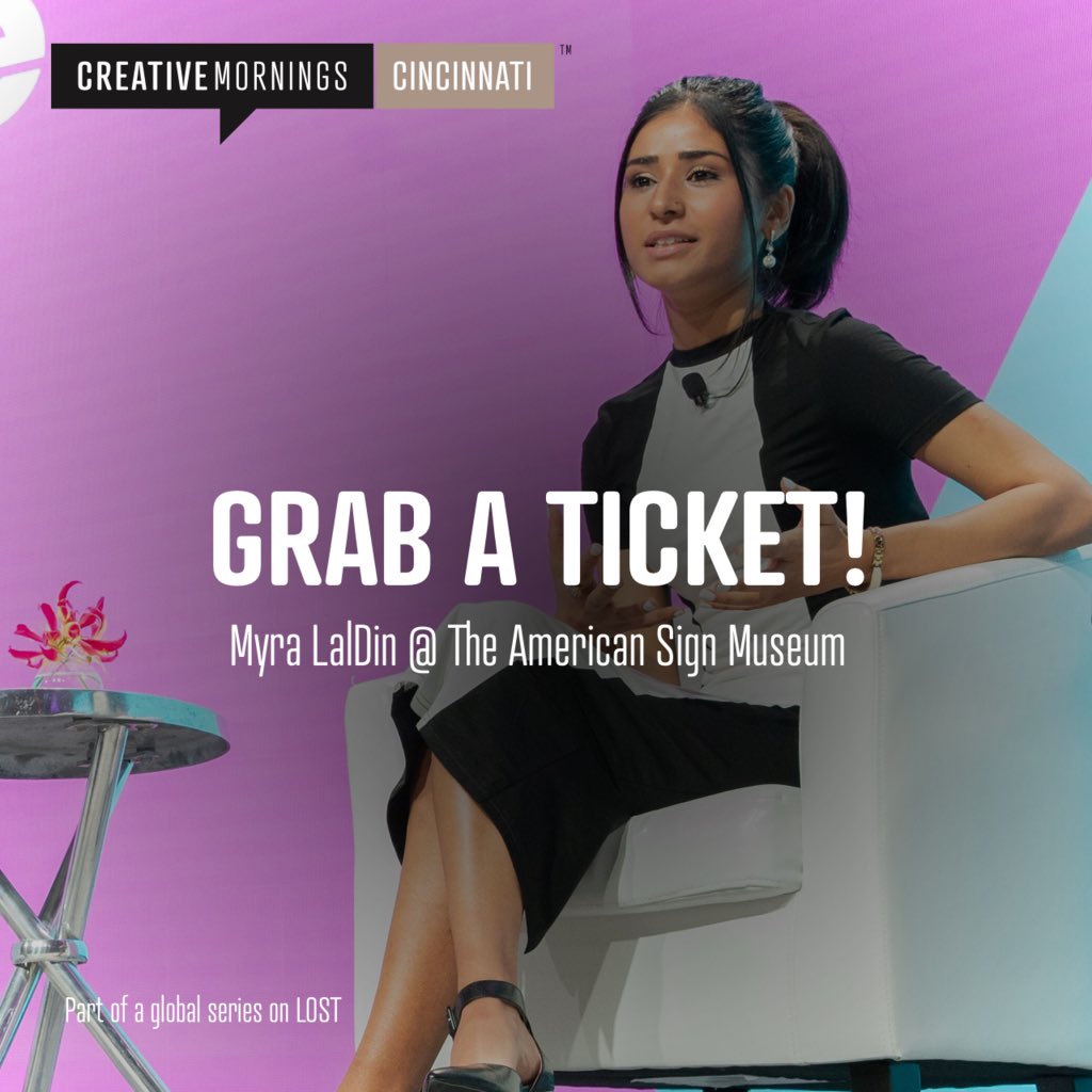 Tickets are live for Friday's event! 
The theme is #CMLost with Myra LalDin - the Founder and Owner of @VECTRExyz.

🎟 Learn more about Myra and grab your FREE tix: creativemornings.com/cities/cin