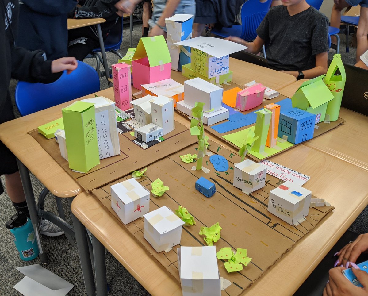 KnechtSTEM's tweet photo. Four teams. Same materials. Very interesting differences in how they chose to prioritize and arrange their paper cities. Every small decision has an impact on natural systems #NGSS EP&C #2 @SRTMSEagles #pvshares https://t.co/3wZI2ZfVMv
