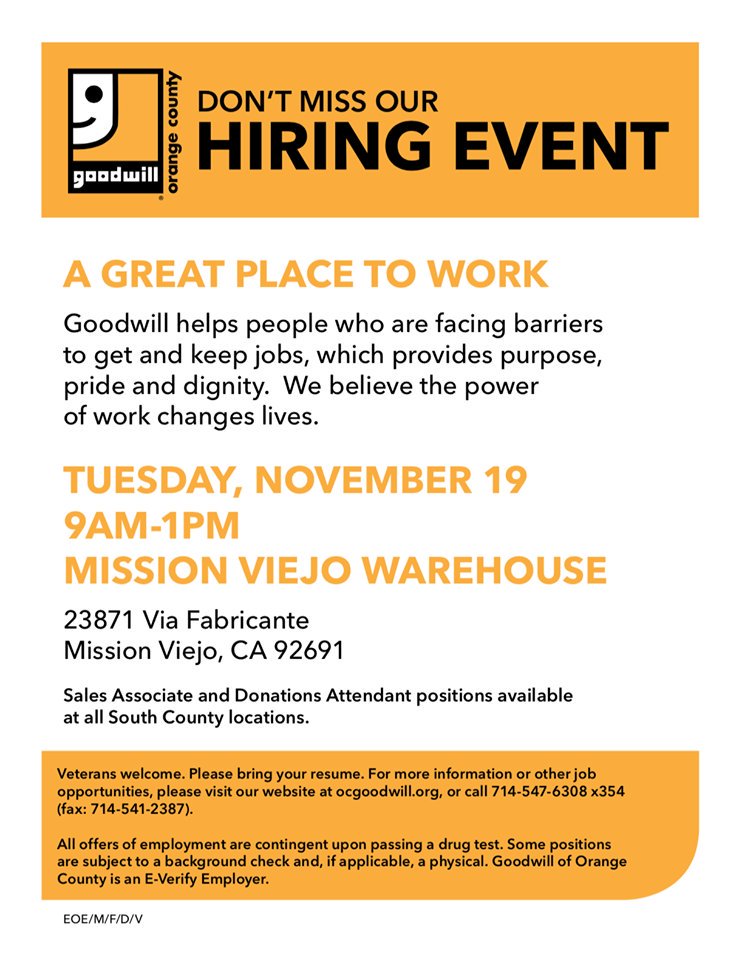 ocgoodwill's tweet photo. #OCGoodwill is looking for great candidates to join the team! Join us for a Hiring Event TOMORROW, November 19 from 9 a.m. - 1 p.m. in Mission Viejo. Click the below flyer for more information. #CreateGoodwill https://t.co/JhbL7004Ij