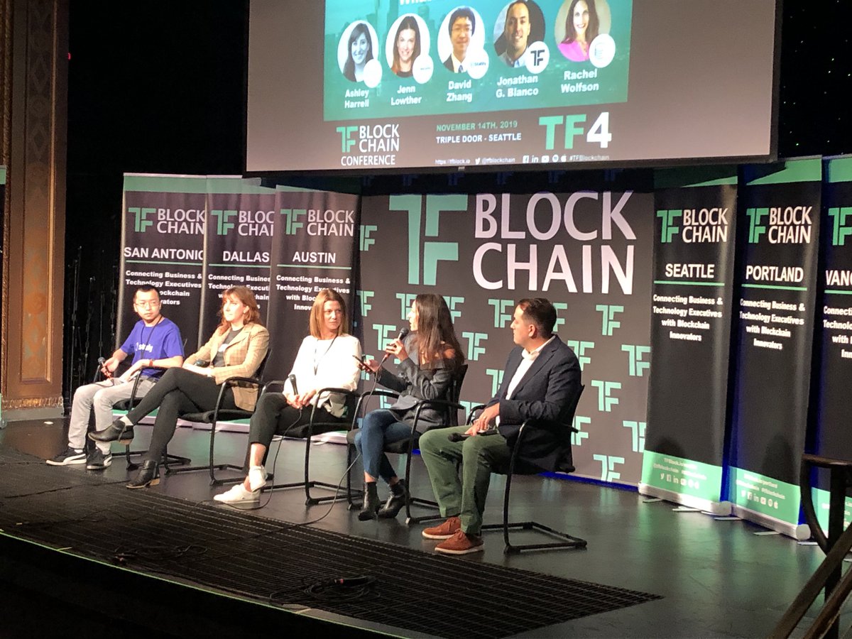 tflabs_'s tweet photo. Here's a pic of the first panel to take the stage during #TF4, "Enterprise Branded Currency: What Comes After Libra?" Thank you David Zhang of @StablyCoin, Jenn Lowther (@jennmae) of @NetCentsHQ, Ashley Harrell (@runashrun) with @CelsiusNetwork, &amp; Rachel Wolfson (@rachelwolf00) https://t.co/73FuOWnhf0