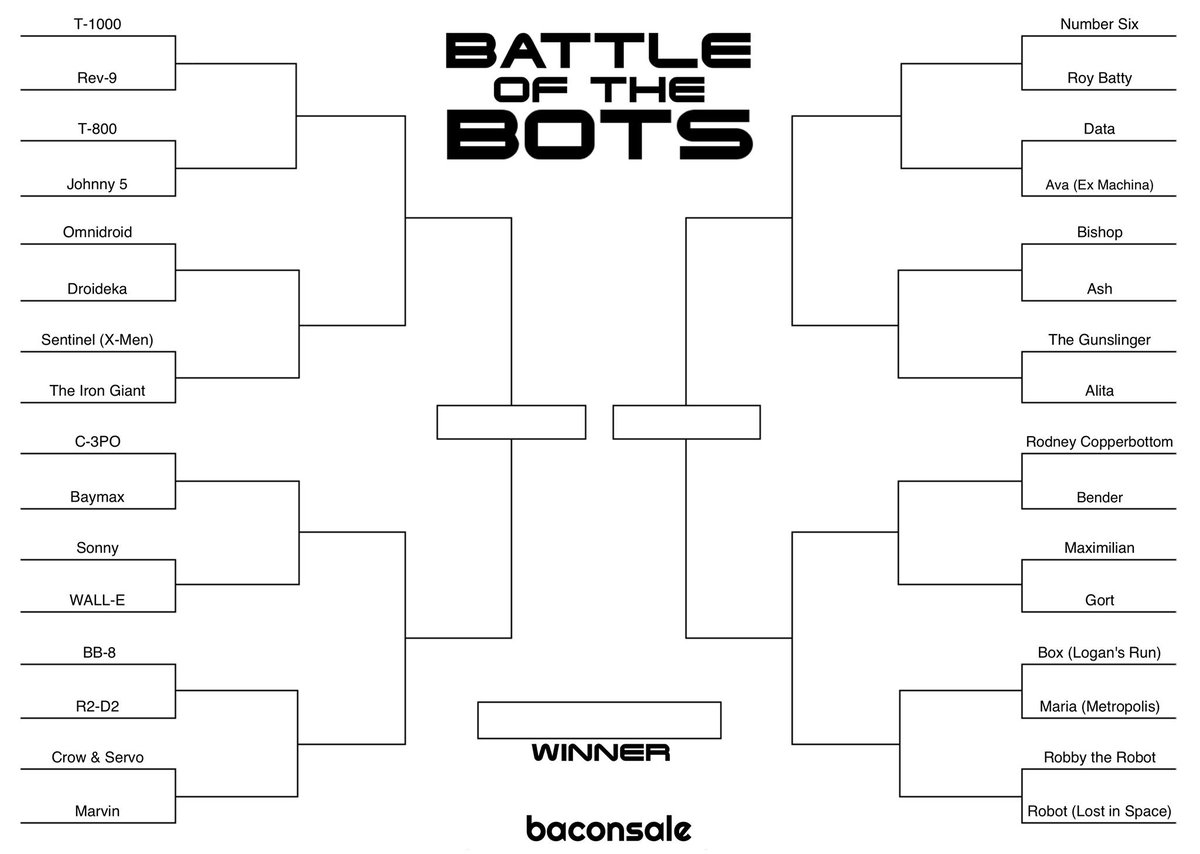 Baconsale's tweet photo. "Next up is Number Six..." -@JacobARogers
"From Battlestar Galactica and my dreams." -@Kenny3DD
#BaconsaleQuotes
Episode 231: The Ultimate Movie Robot Battle https://t.co/i7jZKHa8qC
#RobotTournament #RobotBracket https://t.co/4UkpRWtBca