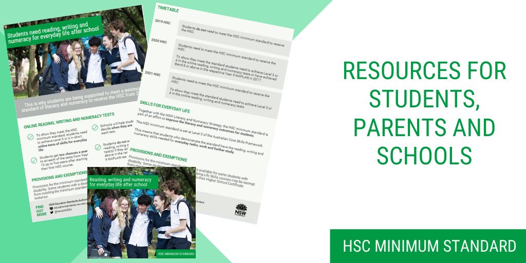 NewsAtNESA's tweet photo. A poster, flyer, fact sheet, videos and social media graphics are available on the NESA website to support schools to communicate information about the HSC minimum standard to staff, students and parents.
#HSC2020 #HSCMinStd
https://t.co/nHcNwCcHHH https://t.co/V13S9RdpsW
