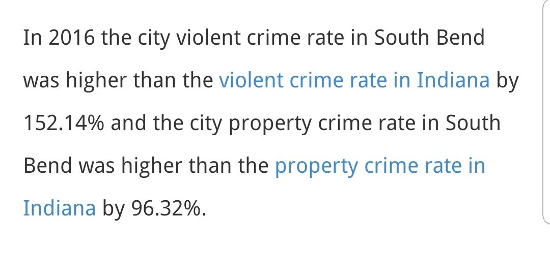In 2016 the city violent crime rate in South Bend was higher than the violent crime rate in Indiana by 152.14% and the city property crime rate in South Bend was higher than the property crime rate in Indiana by 96.32%.