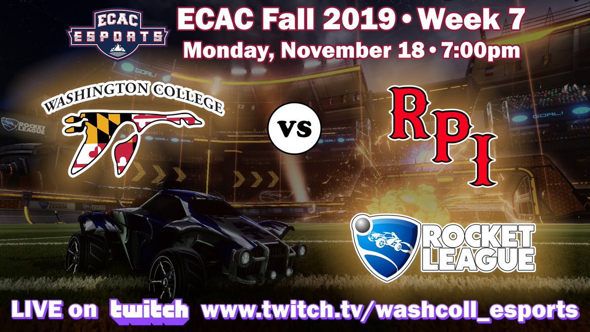 WashCollEsports's tweet photo. It's a Goose Nation double header! Kicking things off is @ECAC_Esports Rocket League action at 7PM - come say hello as Washington College takes on RPI on Twitch in the final week of league play. https://t.co/h7hs8IPJuf

#washcoll #esports #rocketleague #goosenation https://t.co/jGissX8S5J