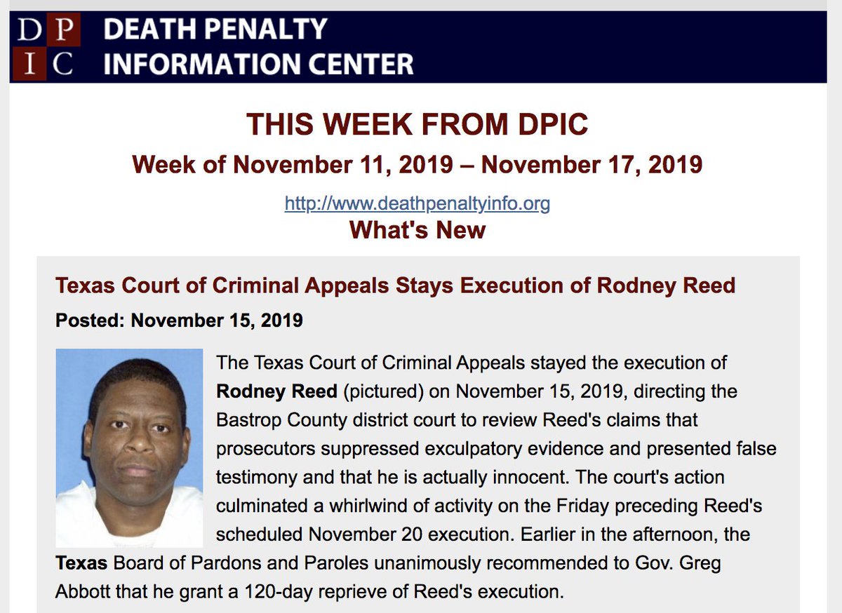 RDunhamDP's tweet photo. In our newsletter this week—Stays of execution in #Texas for #RodneyReed and #PatrickMurphy; former judges, prosecutors, and law enforcement officials and murder victims's family call on federal government to call off executions; and more ... @DPInfoCtr #deathpenalty https://t.co/7qFNOYttM5