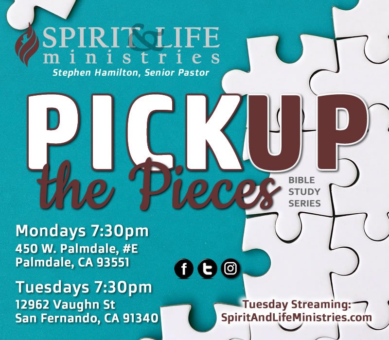 SpiritAndLife1's tweet photo. Palmdale/Lancaster Area, tonight at 7:30pm Bishop Stephen Hamilton (@stevehamilton50) concludes the #BibleStudy series, "Pick Up the Pieces" #PickUpThePieces #Breakthrough2019 #SpiritAndLife #AllAreWelcome #Tag #Share https://t.co/EdX5M59EVF