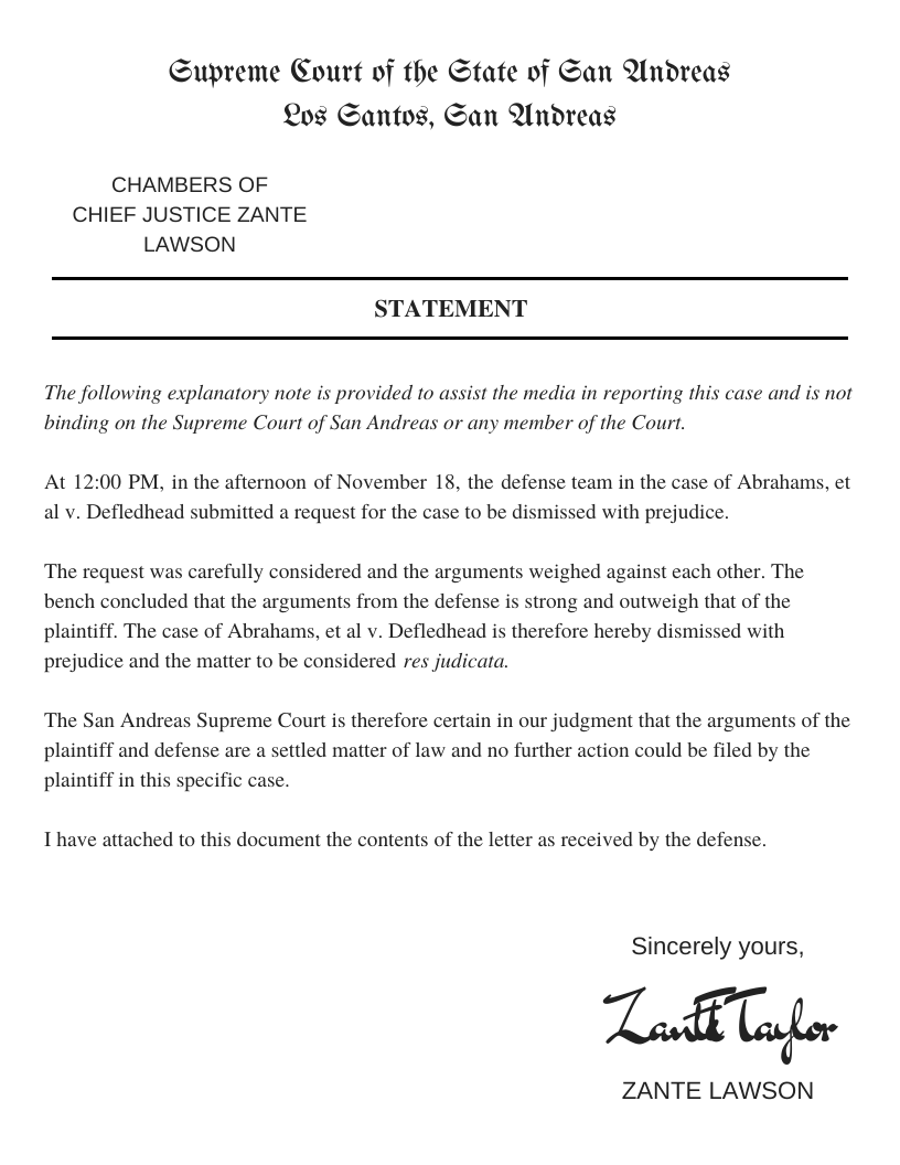 SASupremeCourt's tweet photo. STATEMENT: Abrahams, et al v. Defledhead is hereby dismissed with prejudice. https://t.co/Dnf1wP6mah