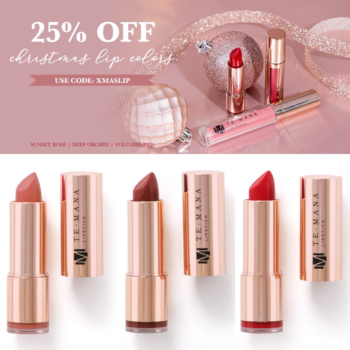michelle_kahne's tweet photo. Order these #TeManaLipSticks in #SunsetRose #DeepOrchid #VolcanoRed & USE CODE: XMASLIP for 25% off! Apply code at: https://t.co/vPXPbEUBvG https://t.co/kZIiiRTeBw