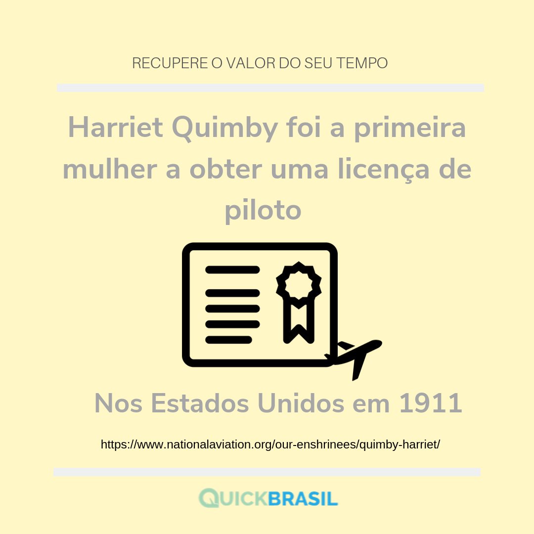QuickBrasil's tweet photo. Em 1911, Harriet Quimby recebeu um certificado de piloto pelo "Aero Club of America", tornando-se a primeira mulher a obter uma licença de piloto nos Estados Unidos. 
#QuickBrasil #QuickClaim #Brasil #Viagem #Traveling #Voo #Fly #RecupereOValorDoSeuTempo https://t.co/kAzXGpg7cB