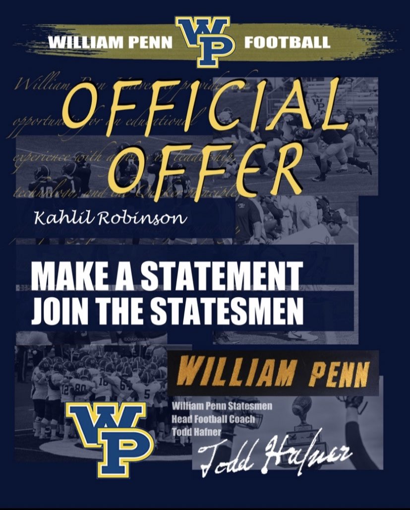 RobinsonKahlil's tweet photo. I am extremely excited and blessed to announce that I have received my second offer from William Penn University! 🔶🔷Thank you, Coach @WP_OLCoachStew https://t.co/Ne890E95EP