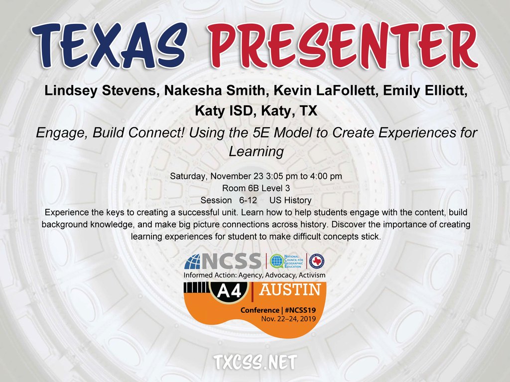 TxSocialStudies's tweet photo. 📣 Shout out to TXCSS PRESENTERS taking the stage at #NCSS19 in ATX!
👀 Keep an eye out for #TXCSSSWAG throughout the conference! 
#TXCSS19 https://t.co/b9cRJfu68J