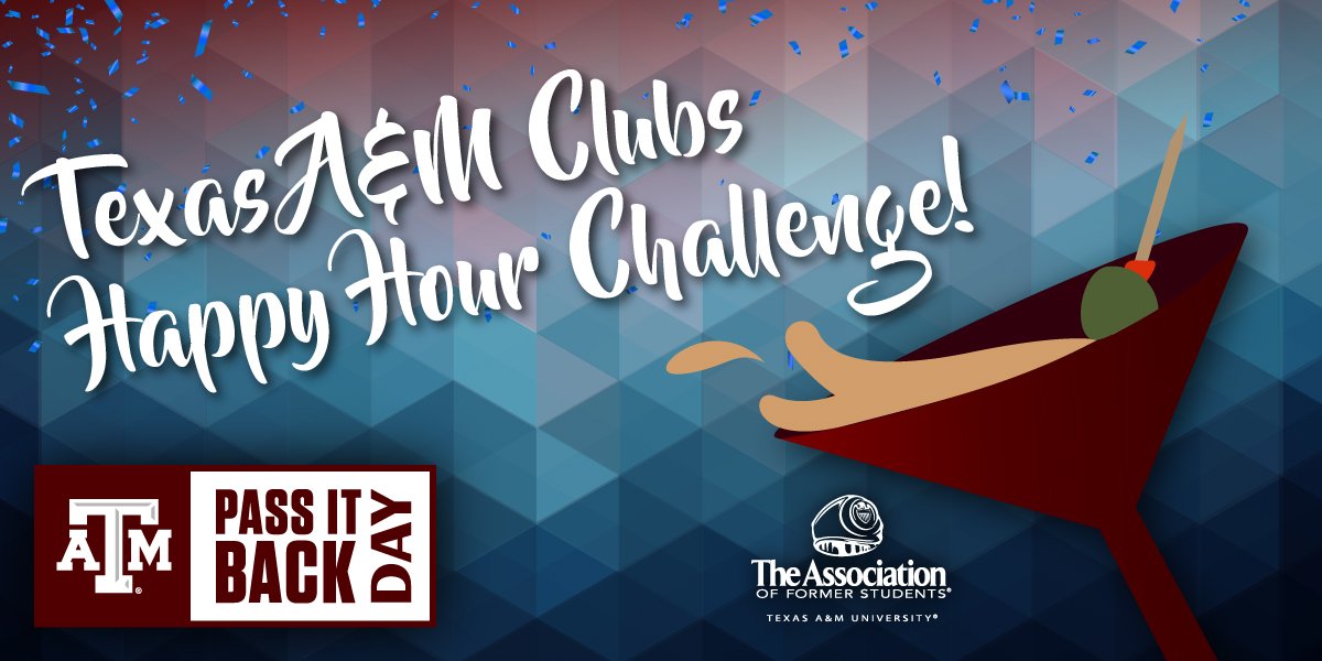The Association of Former Students (@aggienetwork) on Twitter photo Six Texas A&M Clubs are getting in the #PassItBackDay spirit by holding a happy hour to see which group of Ags can raise the most for the #AggieNetwork. 🍸
Good luck <a href="/DallasAggies/">Dallas A&M Club</a> <a href="/fortworthaggies/">Fort Worth A&M Club</a> <a href="/HoustonAMClub/">Houston A&M Club</a> <a href="/SAAggieClub/">San Antonio A&M Club</a> <a href="/BCAMC/">Brazos Cty. A&M Club</a> <a href="/AustinAgs/">Capital City A&M Club (Austin Aggies)</a>! Six Texas A&M Clubs are getting in the #PassItBackDay spirit by holding a happy hour to see which group of Ags can raise the most for the #AggieNetwork. 🍸
Good luck <a href="/DallasAggies/">Dallas A&M Club</a> <a href="/fortworthaggies/">Fort Worth A&M Club</a> <a href="/HoustonAMClub/">Houston A&M Club</a> <a href="/SAAggieClub/">San Antonio A&M Club</a> <a href="/BCAMC/">Brazos Cty. A&M Club</a> <a href="/AustinAgs/">Capital City A&M Club (Austin Aggies)</a>!