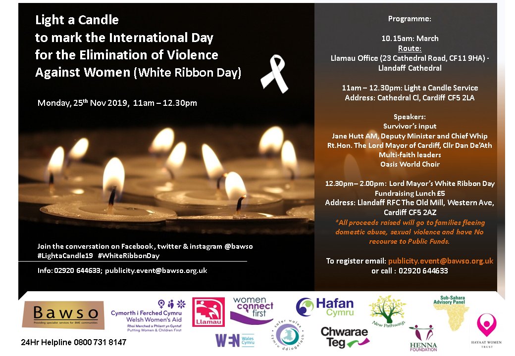 The 25th of November marks International Day for the Elimination of Violence Against Women. A White Ribbon Day fundraising lunch is being hosted by the Lord Mayor of Cardiff and you're all invited! 

Please feel free to RSVP to: publicity.event@bawso.org.uk

#WhiteRibbonDay🕯️