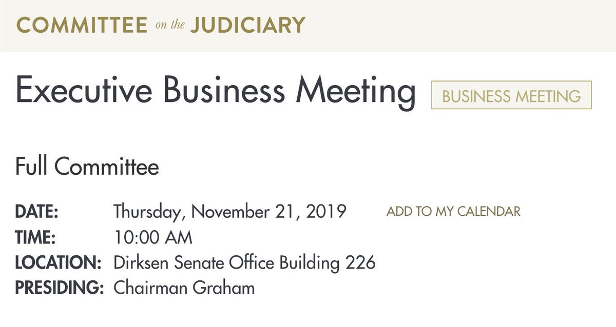 Screenshot of the Senate Judiciary Committee website showing the executive business meeting scheduled for this Thursday, November 21, at 10am ET.