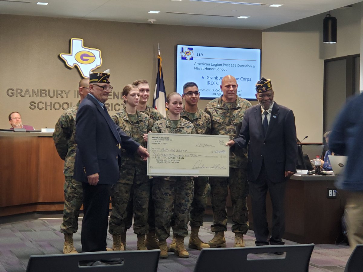 GHS_PIRATES's tweet photo. American Legion Post 278 recognized the excellence in our @GranburyMCJROTC program with a $15,000 donation tonight at the school board meeting. https://t.co/677wl2CnJD