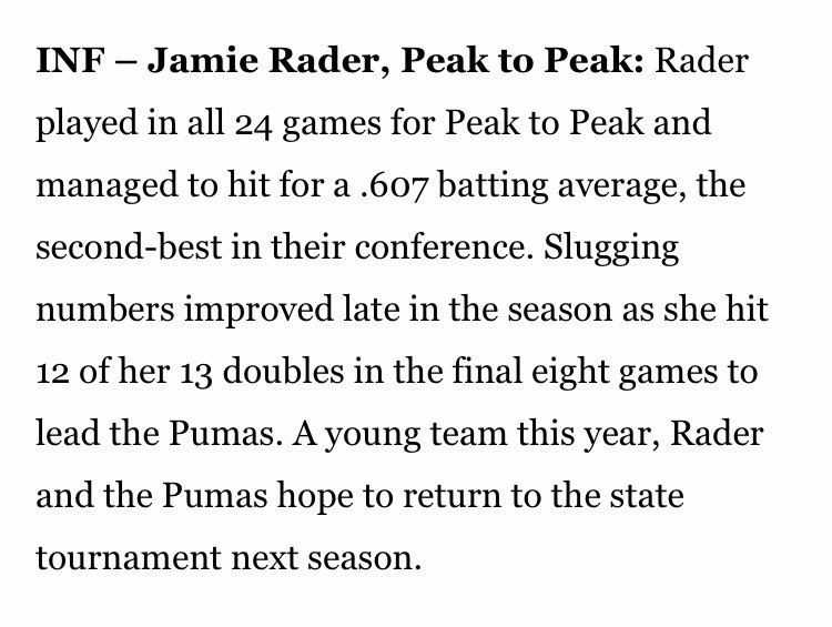 So thankful to have made the 2019 <a href="/BoCoPreps/">BoCoPreps</a> First Team All-Region team! Congrats to <a href="/MaddieKuehl27/">Maddie Kuehl</a> and <a href="/cassidychvatal/">Cassidy Chvatal</a>  for making first team as well!! <a href="/AFNationalCO/">American Freedom National CO</a> <a href="/UNC_BearsSB/">UNC Bears Softball</a> <a href="/MinesSoftball/">Mines Softball</a> <a href="/colomesasb/">ColoMesaSOFTBALL</a> <a href="/CSUSoftball/">Colorado State Softball</a>