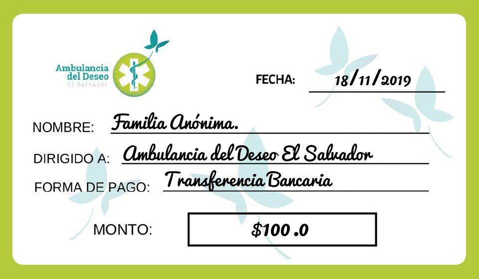 ambudeseos's tweet photo. Cada #donativo trae consigo un gran significado de #amor 🦋. Este día una srita, en conmemoración de su padre, hizo un donativo que ayudará a hacer posible un momento cálido para alguien más. Agradecemos infinitamente sus muestras de #generosidad 💚.

#ElSalvador https://t.co/Zpd53sCvMC