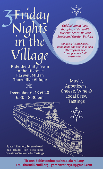 BMLRailroad's tweet photo. Take the train to spend Friday Nights in the Village!

Enjoy old fashioned local shopping at Farwell's Museum Store, Boxcar Books and Garden Variety.

There will be Music, Appetizers, Cheese, Wine &amp; Local Brew Tastings.

https://t.co/YoqEDIXJMx

#Maine #Shopping #uniquegifts https://t.co/3ajkvw3VLb