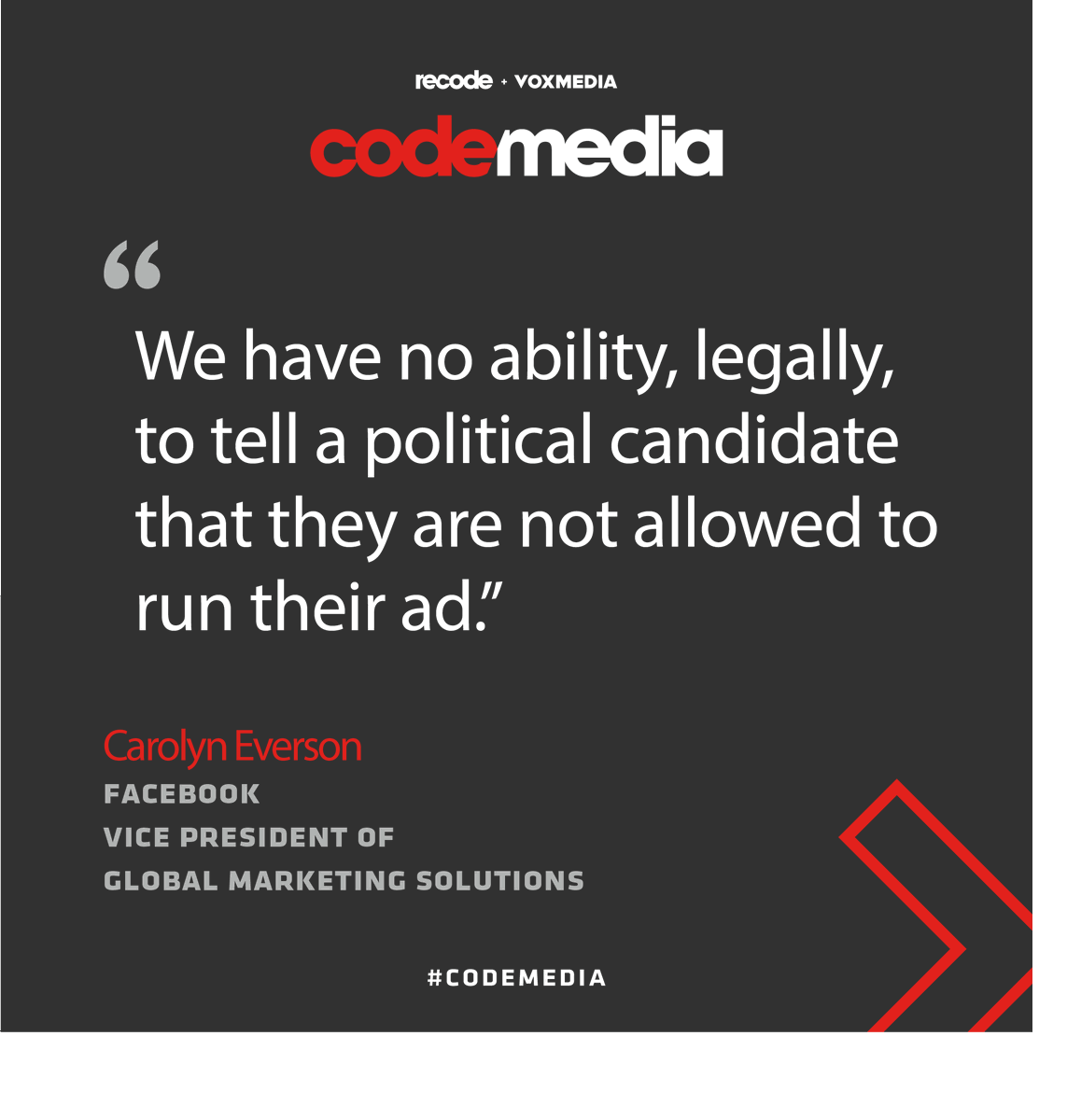Recode's tweet image. Facebook said at #CodeMedia it legally can’t take down political ads. That’s not true.

Facebook has tried to hide behind rules that govern how broadcasters must handle political ads, but those guidelines don’t apply to online platforms:

vox.com/recode/2019/11…