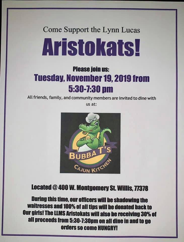 mrsGiroux's tweet photo. Tomorrow is the day! Head on over to Bubba T’s between 5:30-7:30 to dine in OR TO-GO. Proceeds will go to the Aristokats to help us get to Nationals! 💜 Hope to see you there! https://t.co/jiFrjbpE3F