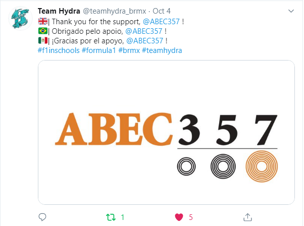 ABEC357's tweet photo. We are thrilled to Partially Sponsor Team Number T15 for their Bearing needs. @teamhydra_brmx collaboration team @F1Kraken fm Colégio Vértice Brazil and @saasilkan fm UAC Universidad Autonoma deCampeche Mexico competing at Abu Dhabi for @F1inSchoolsHQ  World Finals. Best of Luck. https://t.co/kbsF3UaRYn