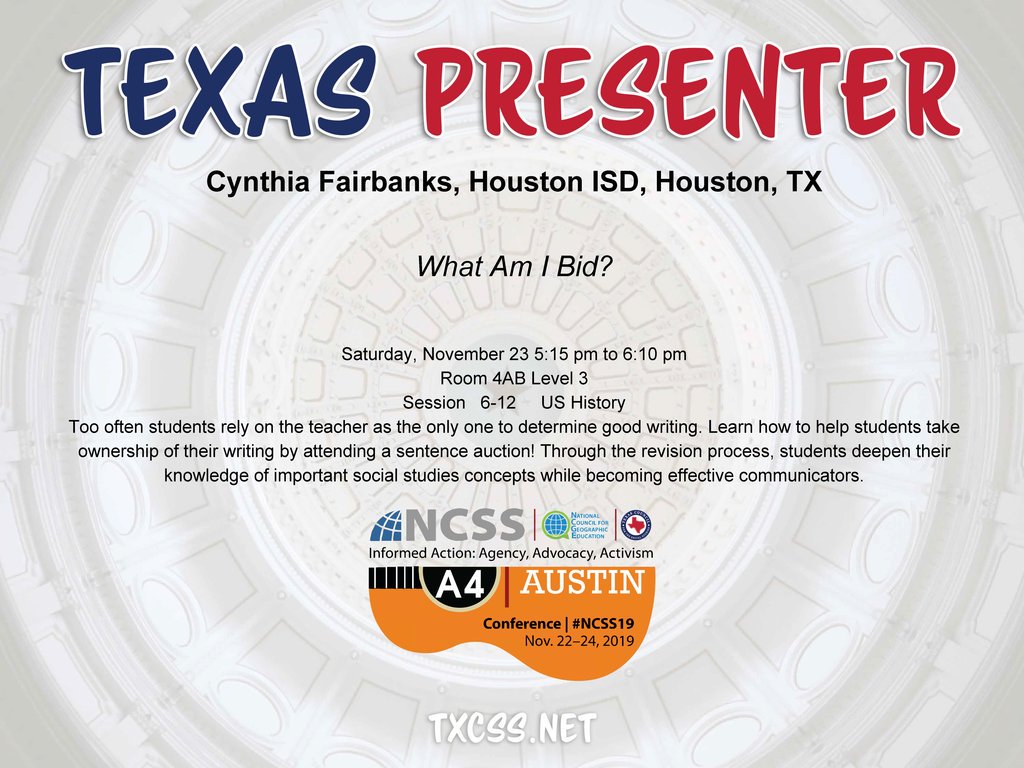 TxSocialStudies's tweet photo. 📣 Shout out to TXCSS PRESENTERS taking the stage at #NCSS19 in ATX!
👀 Keep an eye out for #TXCSSSWAG throughout the conference! 
#TXCSS19 https://t.co/MZflbO6nDi