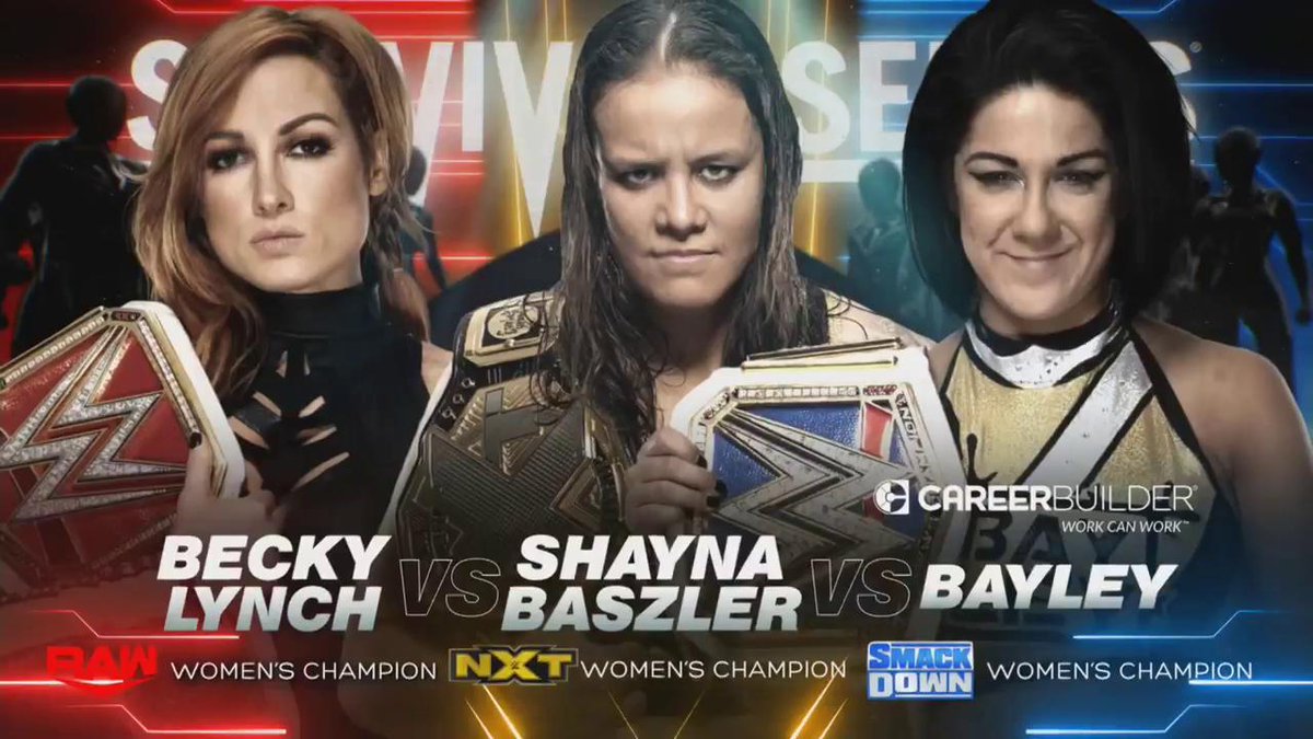 ClubWWE's tweet photo. Drop us a ❤️💛or 💙

Are you TEAM @BeckyLynchWWE @QoSBaszler or @itsBayleyWWE THIS SUNDAY at #SurvivorSeries?! https://t.co/96ydXfBfsz
