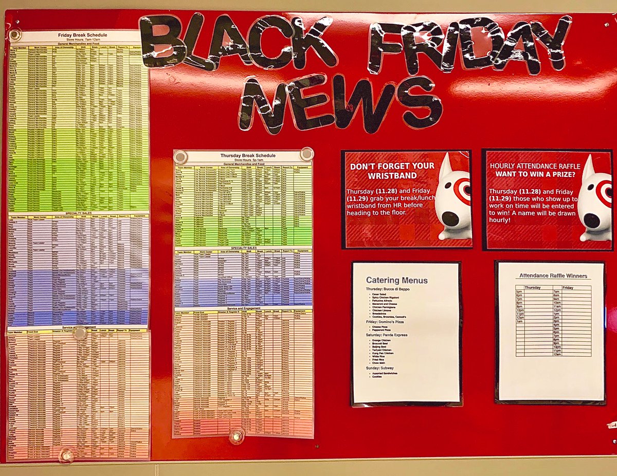 Black Friday communication boards are up &amp; running in D202! Featuring Thurs/Fri break + lunch schedules (including areas of ownership), catering line-up, hourly attendance raffles &amp; more! Keeping the team well-informed &amp; READY TO ROCK the big week ahead!! 🙌🏼