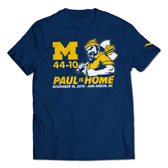 WolverineCorner's tweet photo. 🚨Giveaway🚨 Y’all want this Paul is Home 44-10 t-shirt from @TheMDen? 

All you have to do is RT this tweet and follow us &amp; @MichiganUpd8tes to be entered to win. 

Winner will be announced Wednesday night. Good luck and go blue! https://t.co/ViWd08IdBv