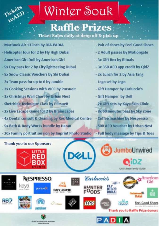 Super-excited about PADIA's annual Winter Souk! Amazing vendors, great prizes and loads of fun for all ages. Raffle tickets are on sale at our Emirates Hills campus all week and at the event. A big shout out to all our sponsors #DIAcelebrates #DreamInspireAchieve #DIAcommunity