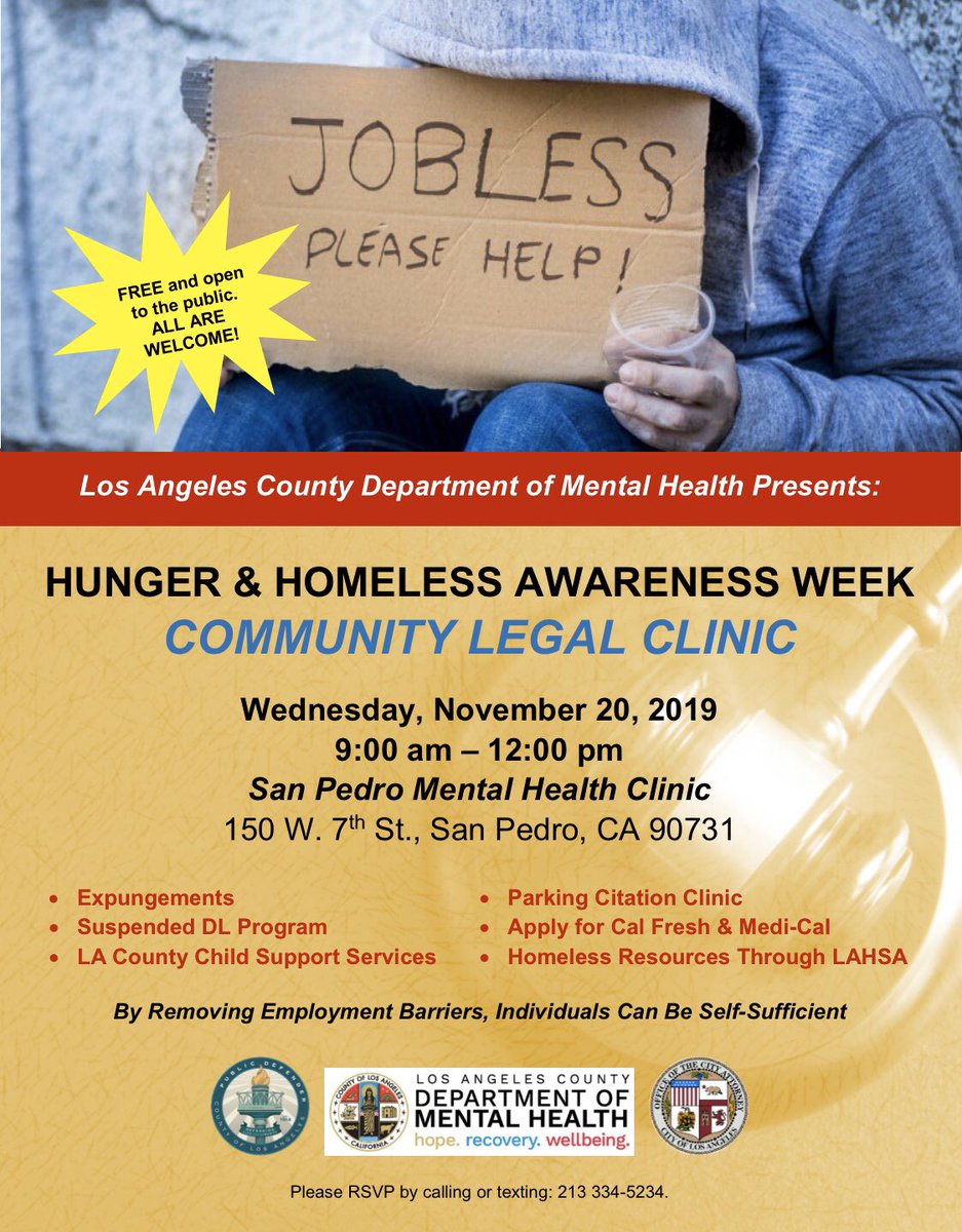 LAReentry's tweet image. Free Legal clinic November 20th, in the City of San Pedro, in participation with Hunger &amp;amp; Homeless Awareness Week!  

#HungerAndHomelessAwarenessWeek
