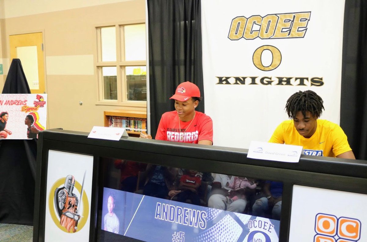 OcoeePD's tweet photo. The Ocoee Knights Boysโ Basketball team celebrate seniors Alston Andrews (Illinois State) and David Green (Hofstra University) for signing their National Letters of Intent to play basketball. Both are also members of the National Honor Society. #OcoeeHoops #SigningDay2019 https://t.co/EcDuTTlmUe