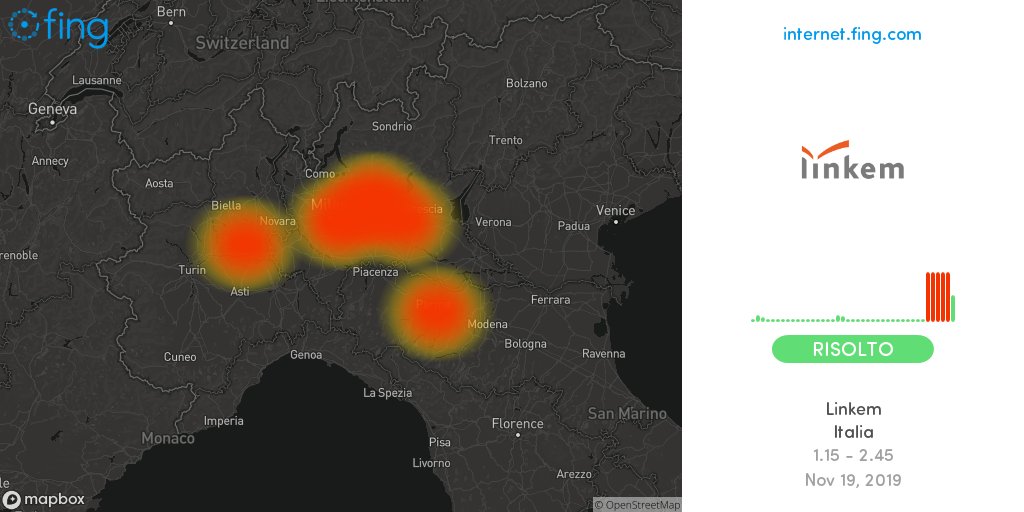 outagedetect's tweet photo. โ
Grosso #disservizio Internet finito: #Linkem in #Italia dalle 1.15 risolto dopo un'ora, 30 minuti, con impatto su #Milan #Palosco #Parma +2 aree
๐ฎ๐น Mappa e analisi live
๐ https://t.co/6gtbRjUJee
#linkemspa #Linkemdown #Linkemup #problemiLinkem #online #Italy #notte https://t.co/5RZrxmmYl1