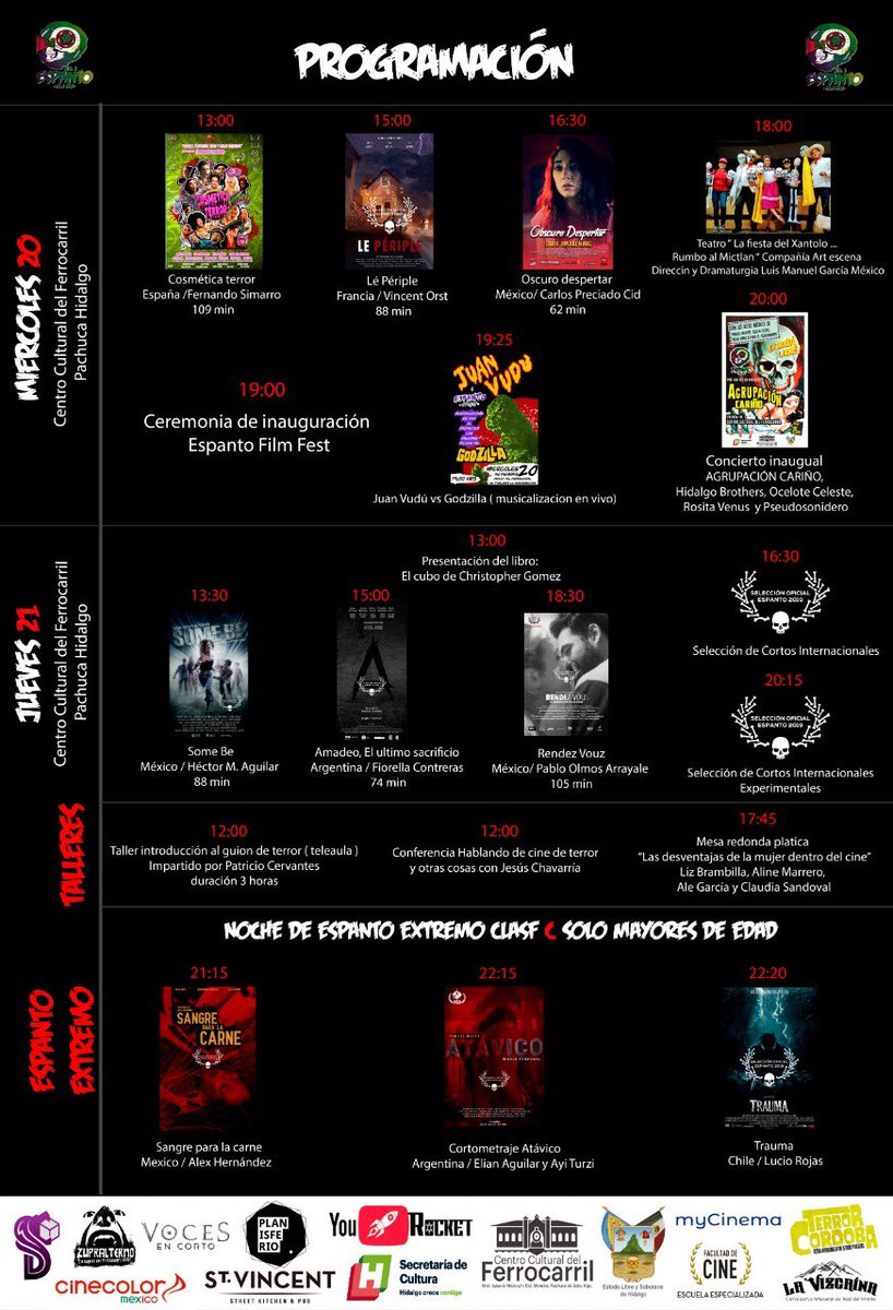 Enrique Montoya (@kiquekc) on Twitter photo 🚨Atención Pachuca 🚨
Listo la programación Pachuca
Miércoles 20 & Jueves 21 de nov
Centro Cultural Del Ferrocarril
#Espanto 🎬💀<a href="/EspantoFilm/">𝕰𝖘𝖕𝖆𝖓𝖙𝖔 𝕱𝖎𝖑𝖒 𝕱𝖊𝖘𝖙</a> 🚨Atención Pachuca 🚨
Listo la programación Pachuca
Miércoles 20 & Jueves 21 de nov
Centro Cultural Del Ferrocarril
#Espanto 🎬💀<a href="/EspantoFilm/">𝕰𝖘𝖕𝖆𝖓𝖙𝖔 𝕱𝖎𝖑𝖒 𝕱𝖊𝖘𝖙</a>