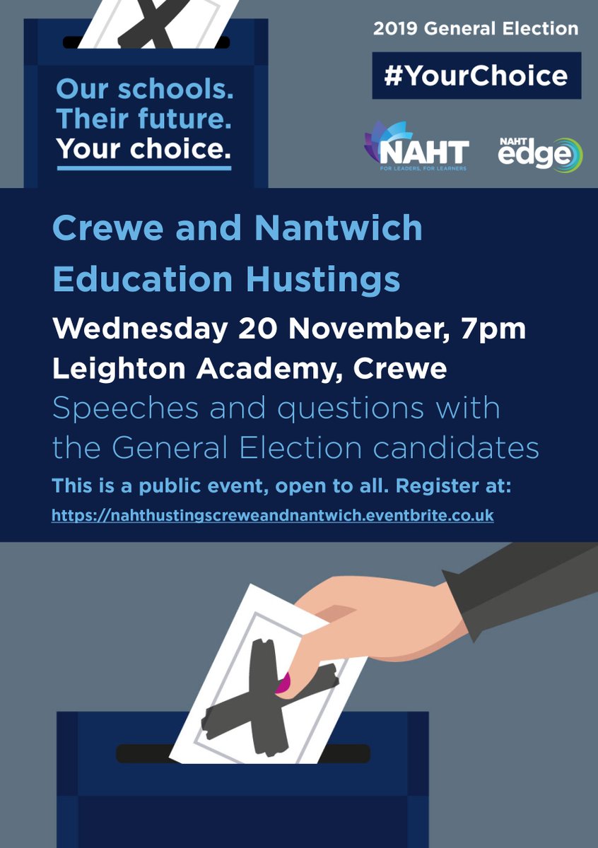 NAHTnews's tweet photo. Let's keep #education at the top of the agenda for #GE2019!

We've invited prospective Parliamentary candidates from all parties to hustings in marginal constituencies across England to present their plans for schools.

Find an event near you: https://t.co/Qe6caFJHgH

#YourChoice https://t.co/J5hIG4EFBn