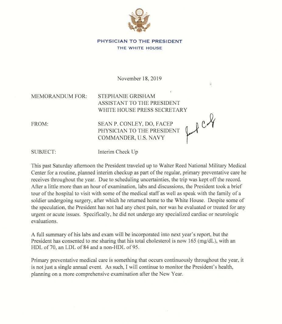 josh_wingrove's tweet photo. Trump's @PressSec has released a letter from the president's doctor.

In it, Sean Conley says Trump's weekend hospital visit was a "routine, planned interim checkup" that included no "specialized cardiac or neurologic evaluations" despite "some of the speculation." https://t.co/Pj2W5o55Vy