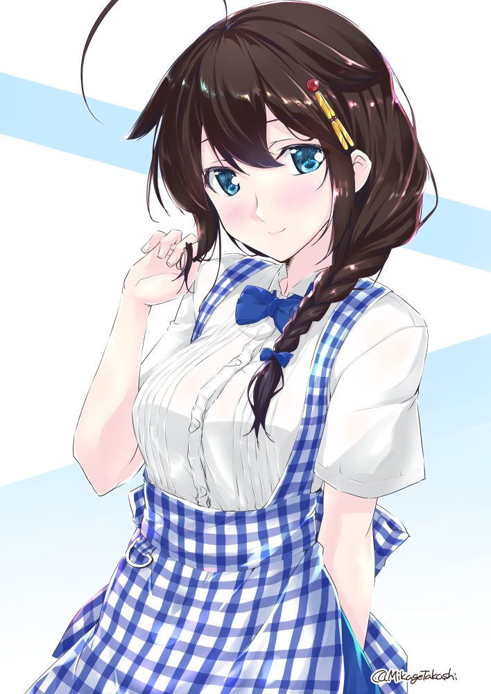 shigure (kancolle) ,shigure kai ni (kancolle) 1girl solo blue eyes ahoge braid single braid apron  illustration images