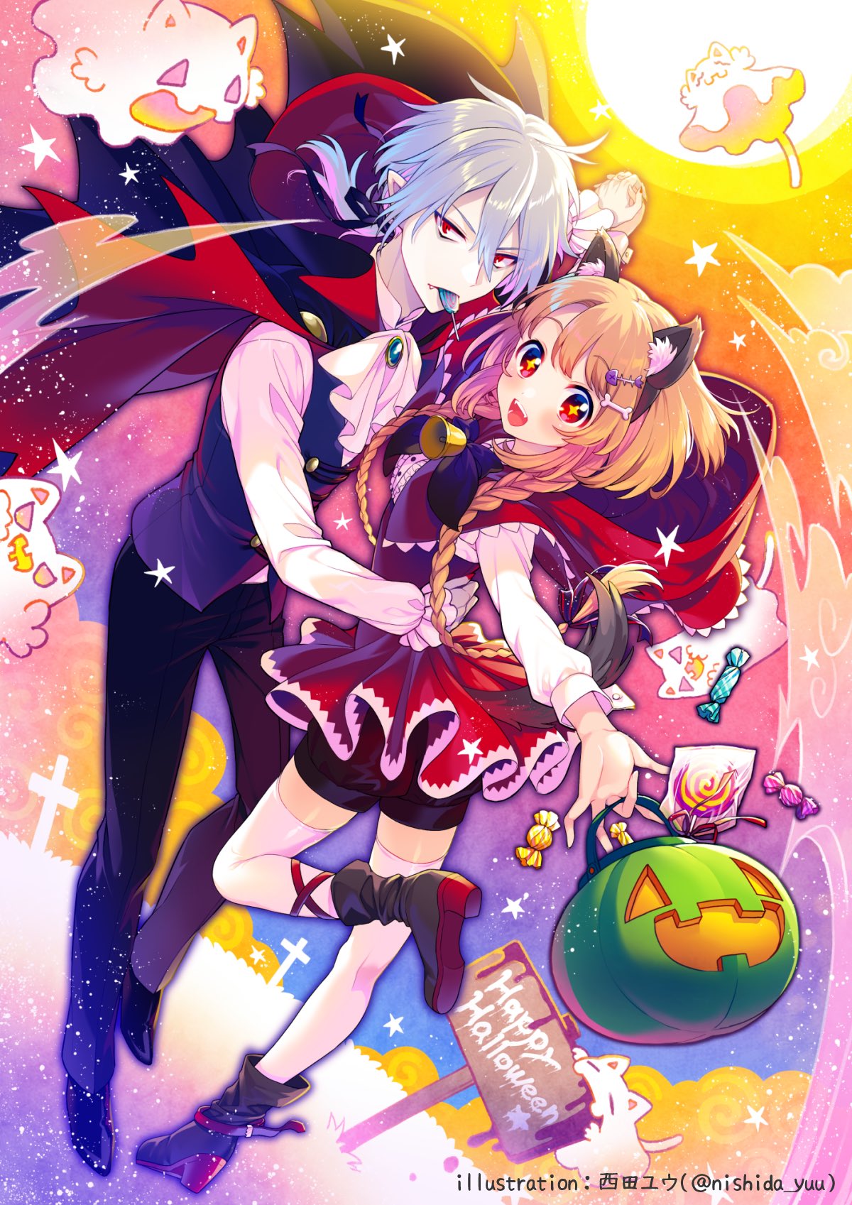 山田でんでろ Nishida Yuu ハロウィンイラストコンテスト グランプリおめでとうございます 吸血鬼くんカッコイイ オオカミ赤ずきんちゃん とても可愛いです Twitter