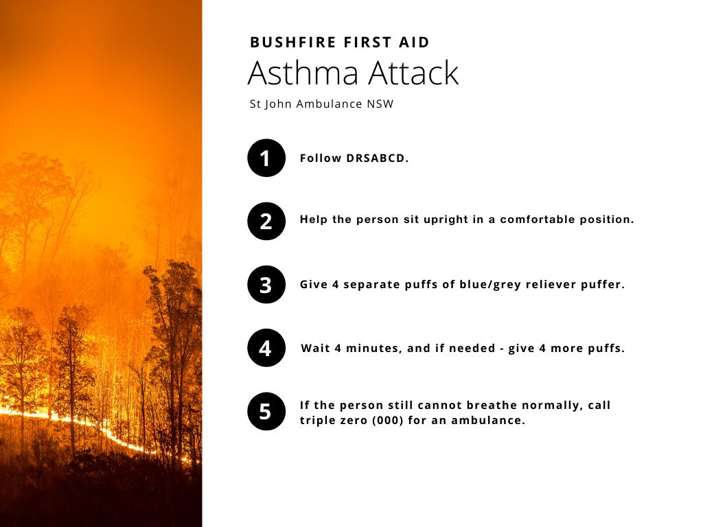As a thick blanket of bushfire smoke covers the state it’s important for everyone to know how to provide asthma First Aid. If possible get the person inside and away from the smoke and follow these steps stjohnnsw.com.au/guides-asthma-…