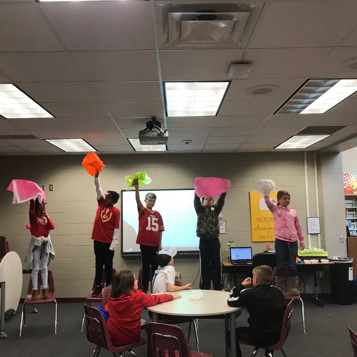 Our fourth graders were learning to be engineering in Ms. Gilchrist's STEAM lesson today!  They had a blast building parachutes that would slow down the effects of gravity!  All teams were successful! #steamchallenge #parachutesDIDopen #teamworksolution #lovethesekids