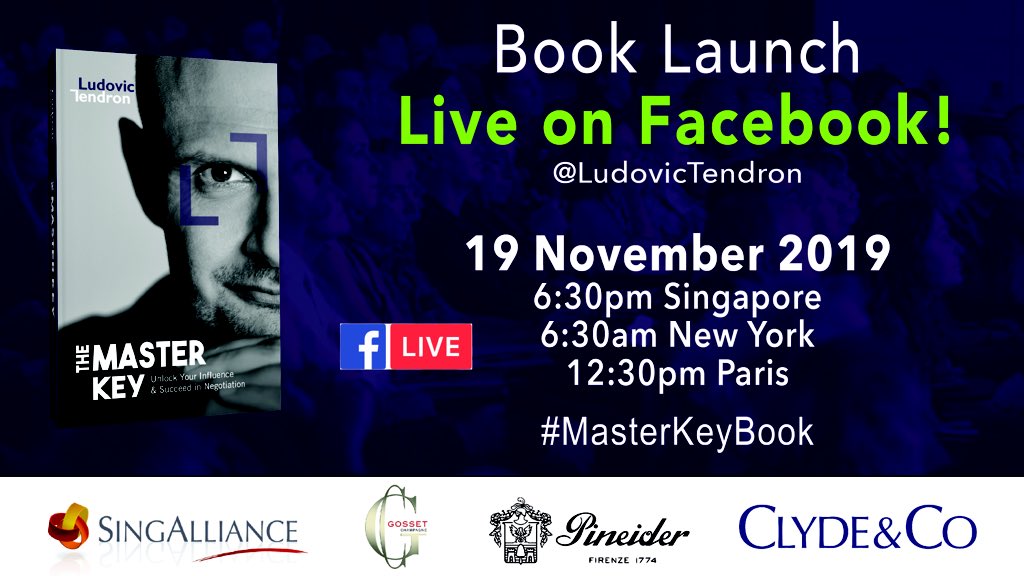 Ludovic_Tendron's tweet photo. I will be Live on Facebook today (November 19th, 2019) from the Swissotel The Stamford Singapore for the launch of the Master Key, un unconventional book on #influence and #negotiation. Q&amp;A questions with an International Journalist. Hope to see you there

#Masterkeybook #ludovic https://t.co/h5VNdygzqm