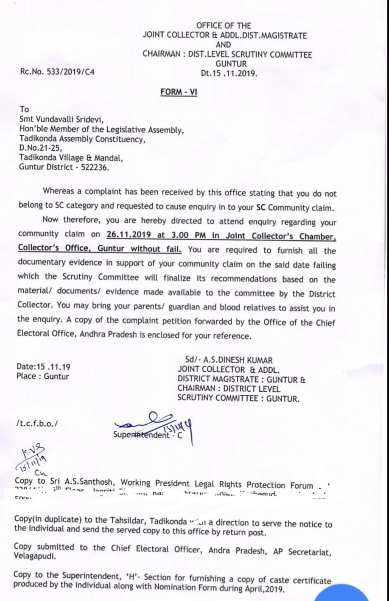 KalingaForum's tweet photo. #LegalRightsProtectionForum @lawinforce in Action

AP Christian MLA False Affidavit &amp; SC Status Misuse Case: 

Based on #LRPF complaint the Addl Dist Magistrate &amp; Joint Collector (Guntur) ordered MLA Vundavalli Sridevi to attend enquiry regarding her community claim. https://t.co/UmykD8pUiC