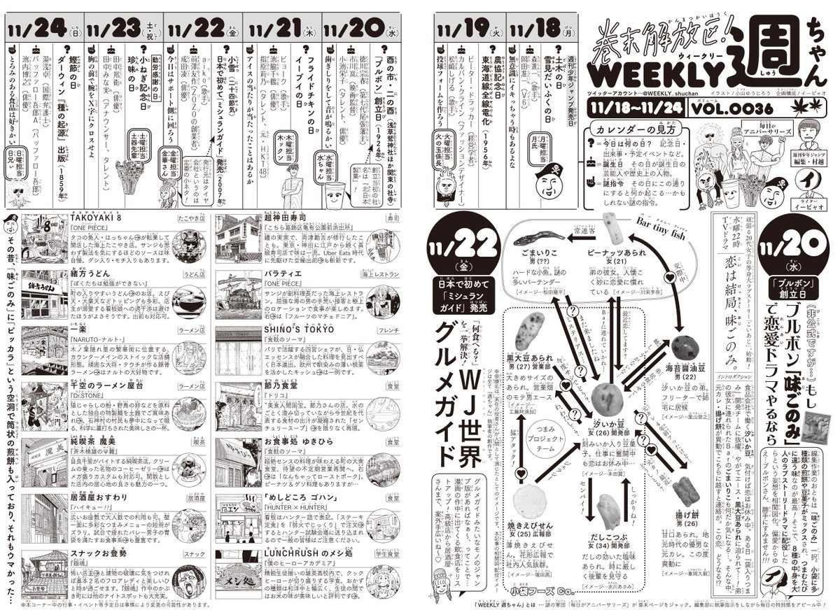 11/19(火)◆
 昨日、WJ51発売日しています!
今週の「週ちゃん」は…

*もしブルボン「味ごのみ」で恋愛ドラマやるなら
(11/20 ブルボンさんの創立日) 

*WJ世界グルメガイド
 (11/22 日本で初めて「ミシュランガイド」発売)

深まる秋!よろしくお願いします!(イ) 