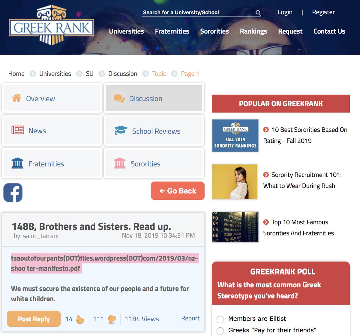 MorganTrau's tweet image. At 10:34pm tonight, the New Zealand Shooter&apos;s &quot;The Great Replacement&quot; manifesto was posted on the @SyracuseU page of GreekRank. The website reviews fraternities and sororities, but this was posted in the &quot;Discussion&quot; tab. This comes a week into #NotAgainSU protests.