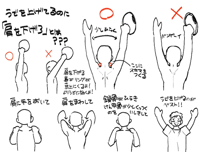 昨日のRFAで社さんが「肩を下げろってどういう事だよ!」っておっしゃってたので素人ながら説明。要は肩甲骨を寄せて鎖骨(胸)を開く事で力が逃げずに負荷が全部腕にかかるよって事です。#社築フィードバック 