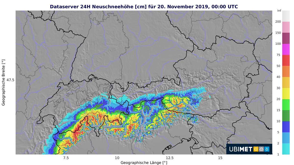 MeteoNewsAG's tweet photo. Heute fällt auf der #Alpensüdseite nochmals recht viel #Schnee, im südlichen Wallis, im nördlichen Tessin und im Bergell örtlich bis über einen #halben #Meter. Die Schneefallgrenze liegt dabei auf rund 800 bis 1500 Metern. (rp) @Blickch @20min @nau_live @tagesanzeiger https://t.co/A4YhKwUltf