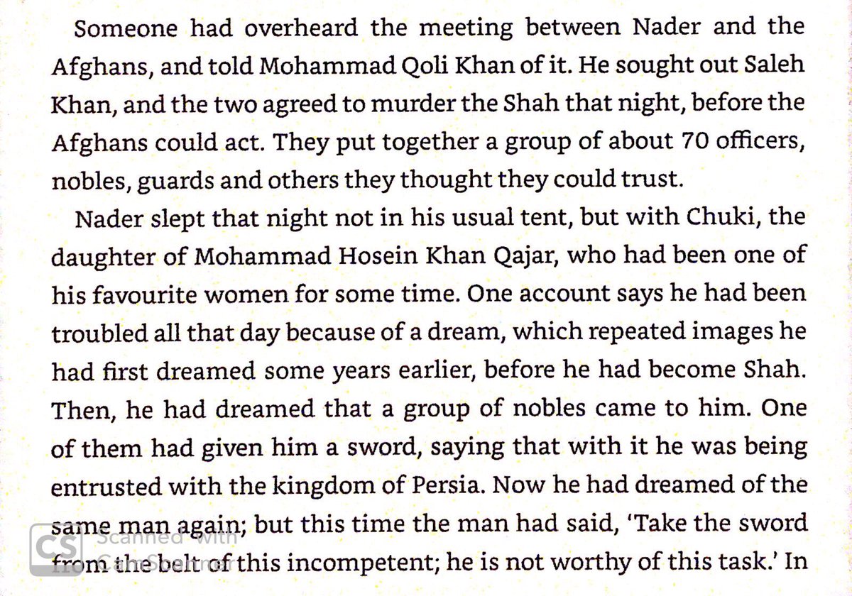 Two of Nader’s lieutenants were warned of their impending purge. They gathered a group of men, stormed Nader’s tent & killed him.